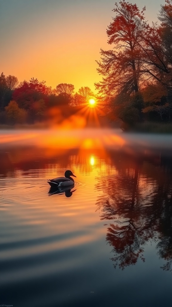 A duck swimming on a tranquil lake at sunrise with autumn leaves in the background.